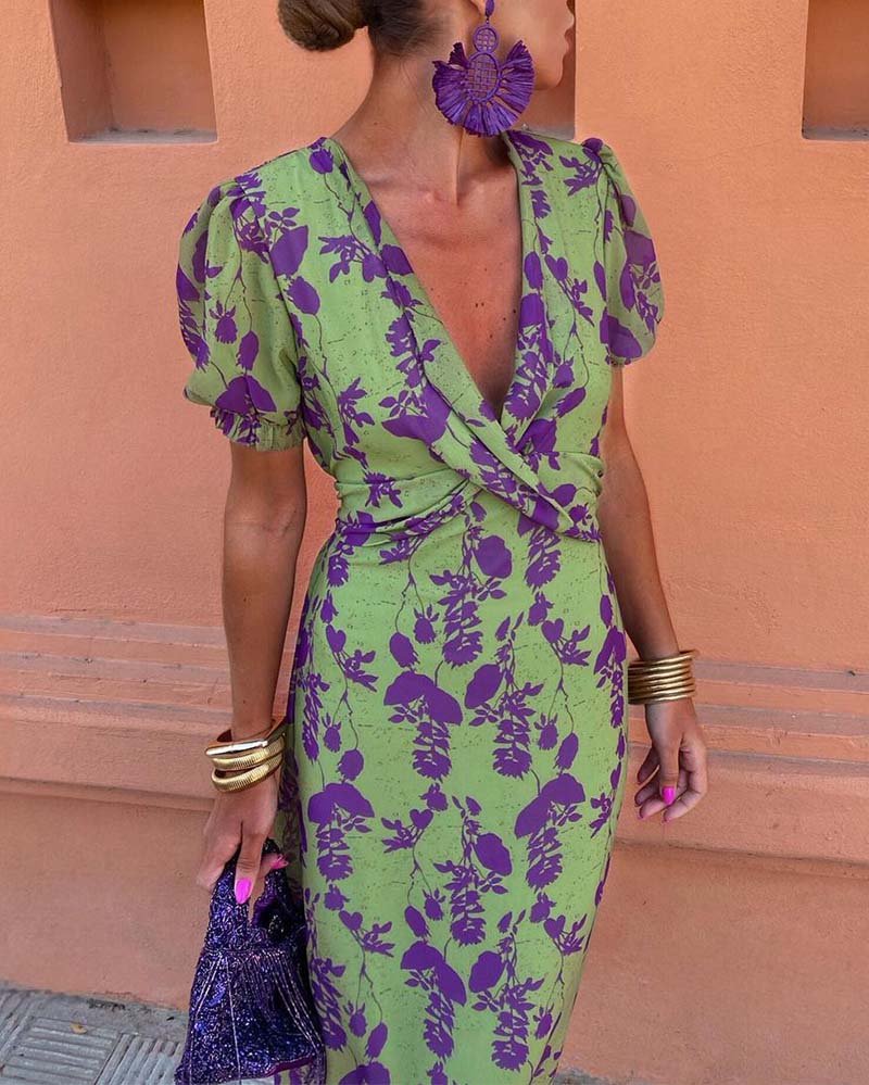 Robe Midi Femme avec Décolleté V Profond, Manches Bouffantes et Imprimé Floral