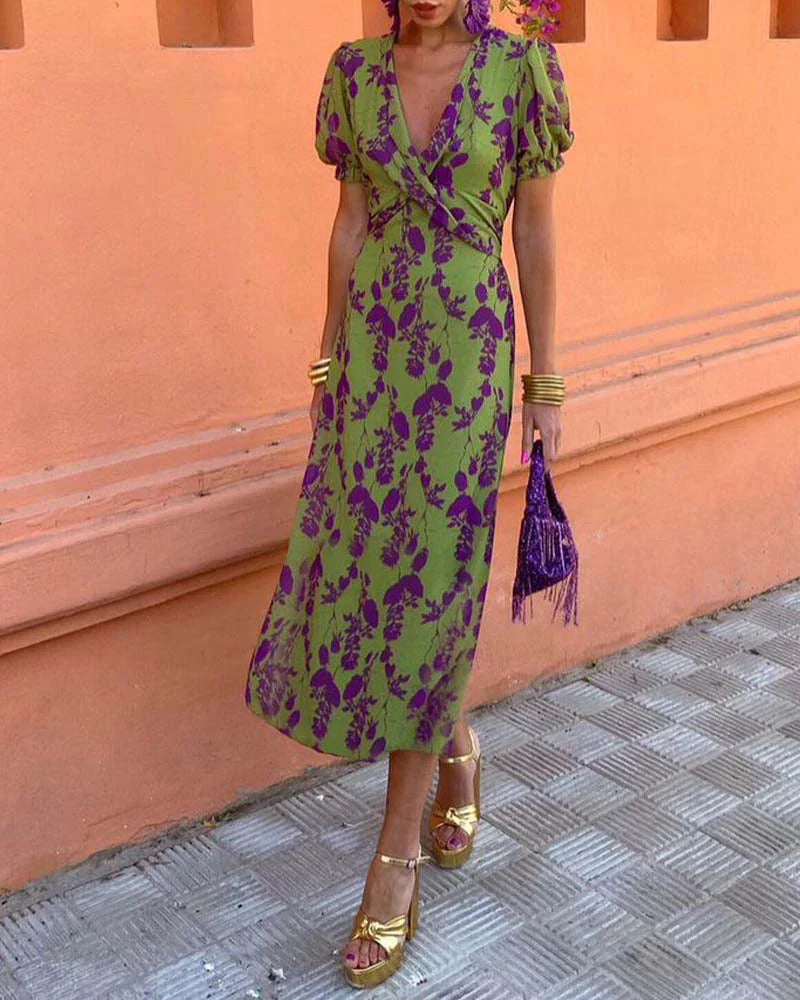 Robe Midi Femme avec Décolleté V Profond, Manches Bouffantes et Imprimé Floral