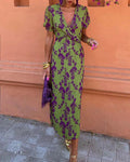 Robe Midi Femme avec Décolleté V Profond, Manches Bouffantes et Imprimé Floral