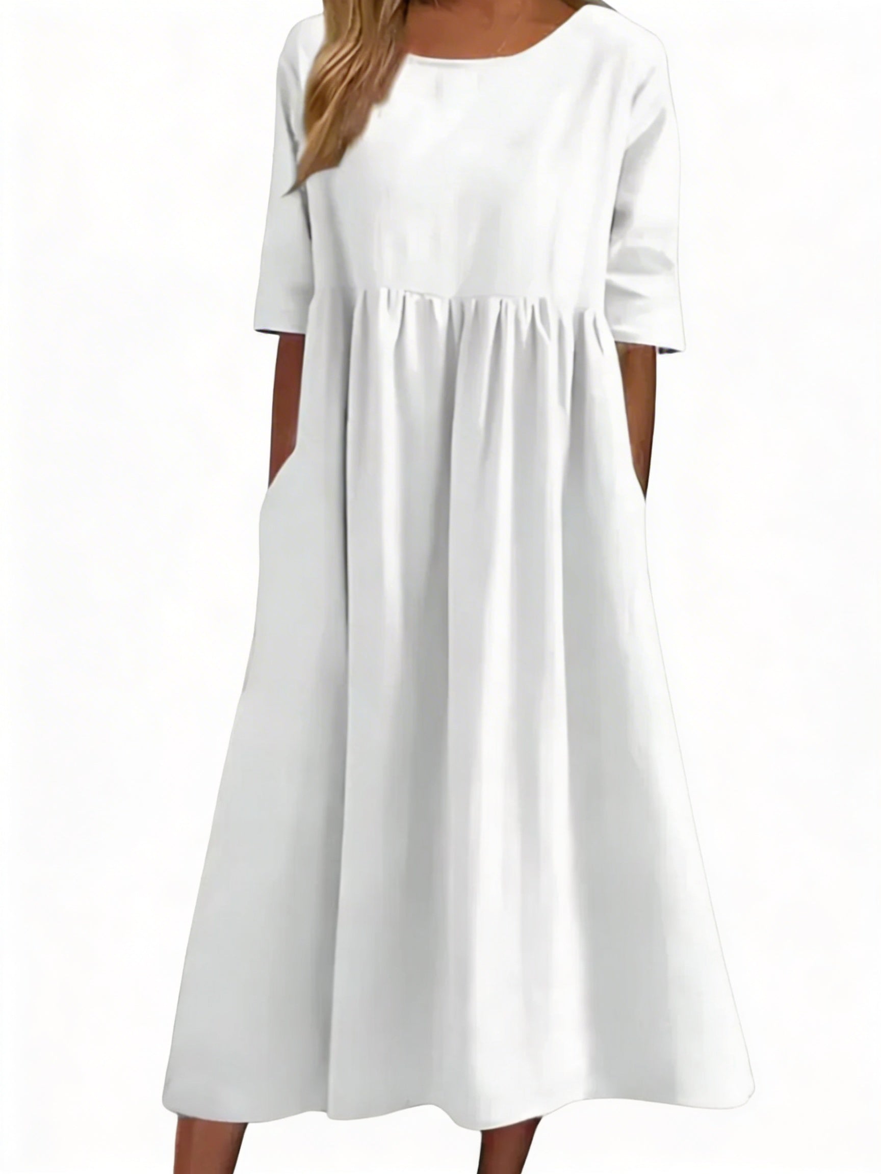 Robe Midi Femme à Manches Mi-Longues et Col Rond Uni