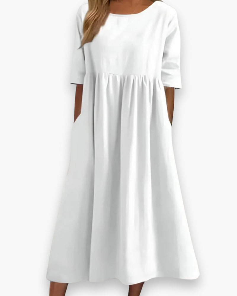 Robe Midi Femme à Manches Mi-Longues et Col Rond Uni