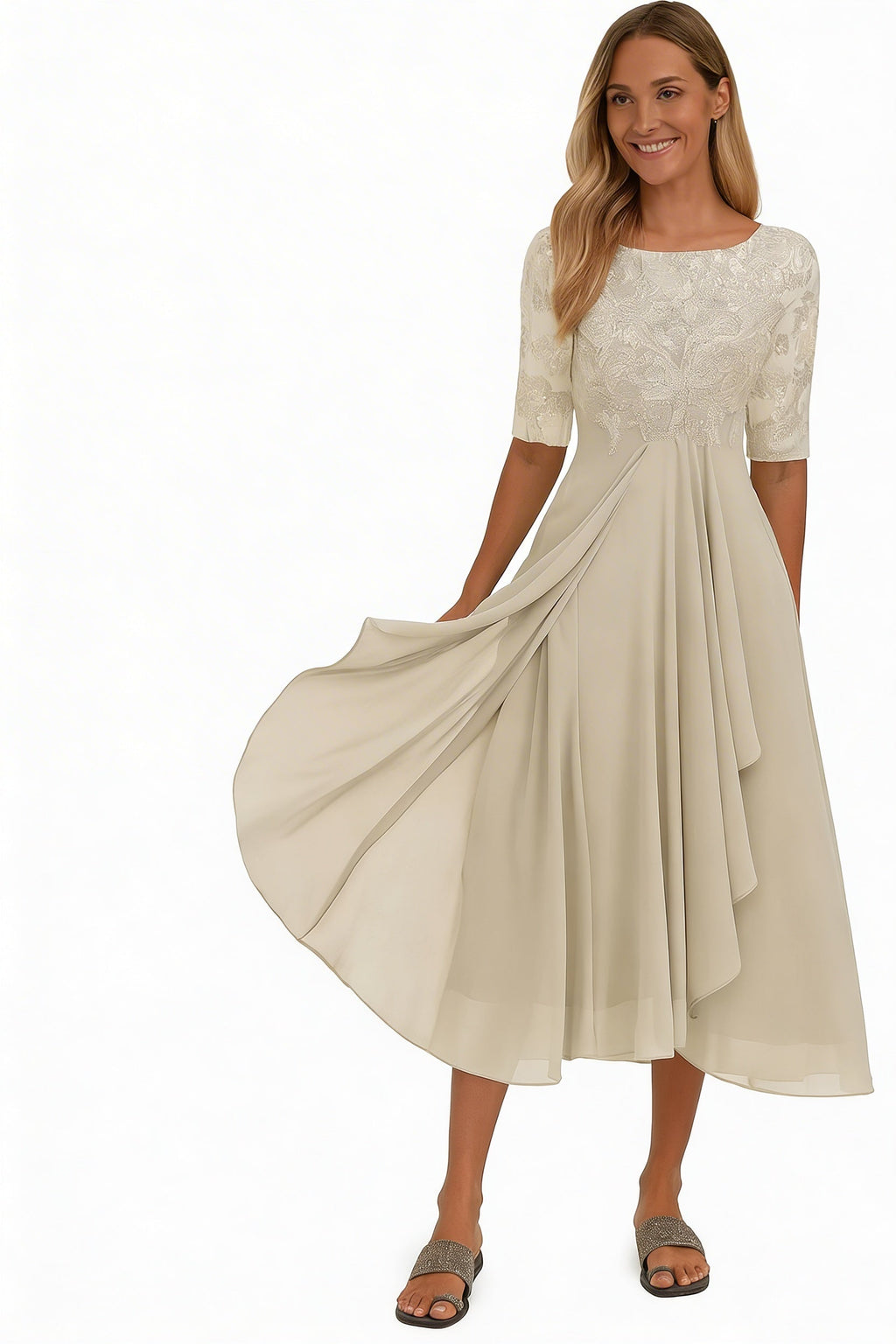 Robe Midi Femme avec Haut en Dentelle et Jupe Flottante