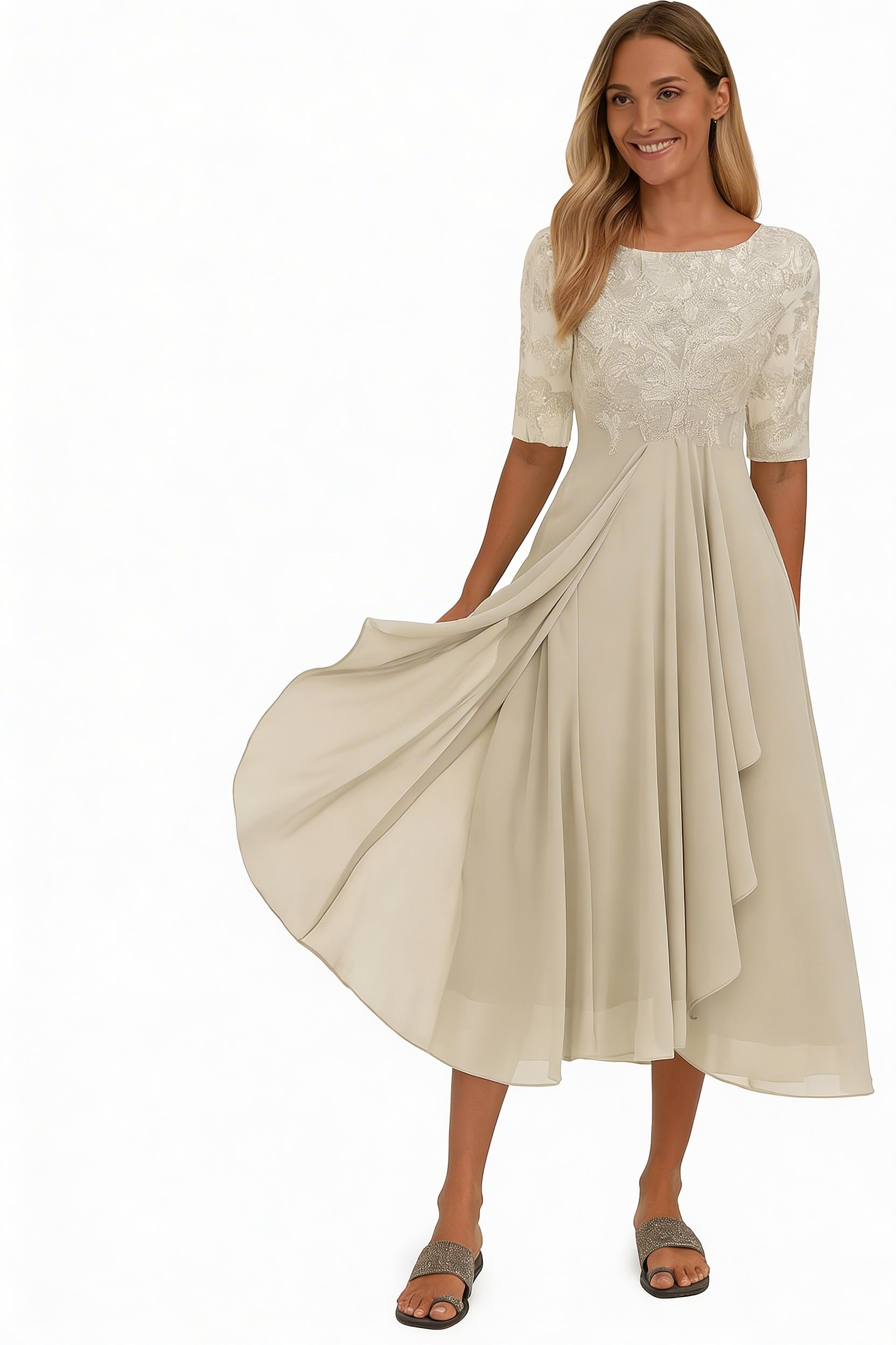 Robe Midi Femme avec Haut en Dentelle et Jupe Flottante