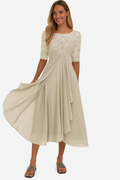 Robe Midi Femme avec Haut en Dentelle, Col Rond et Jupe A-ligne