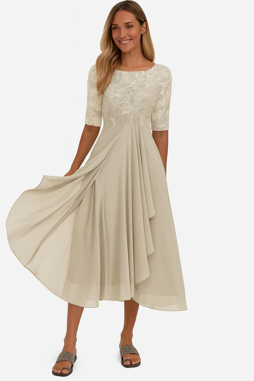 Robe Midi Femme avec Haut en Dentelle, Col Rond et Jupe A-ligne
