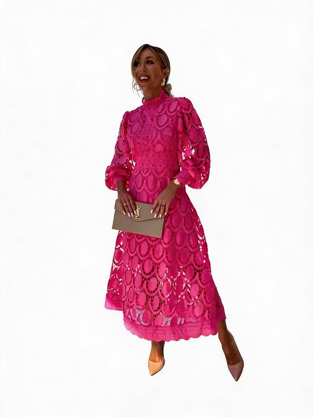 Robe Midi Femme avec Dentelle et Manches Bouffantes