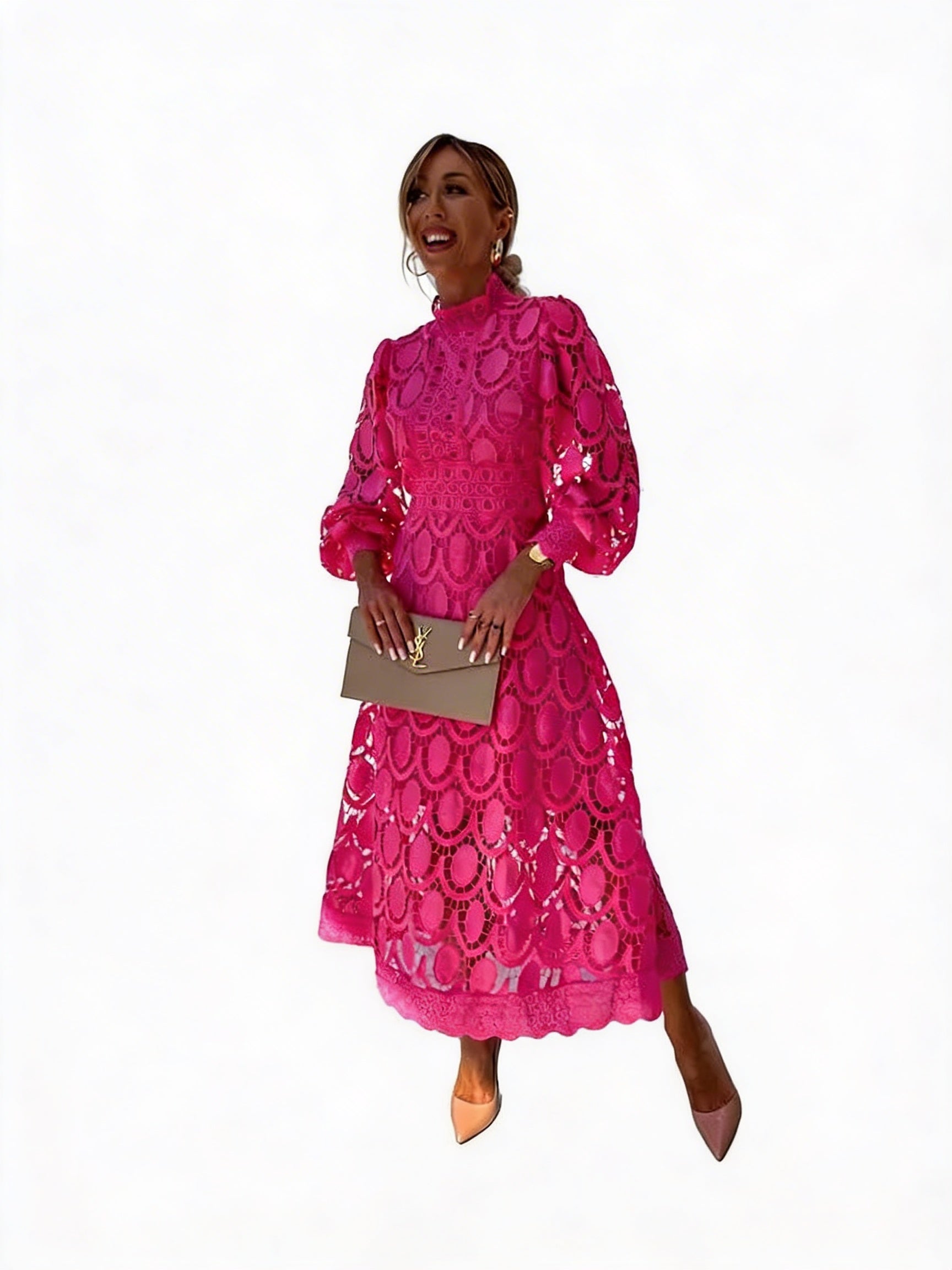 Robe Midi Femme avec Dentelle et Manches Bouffantes