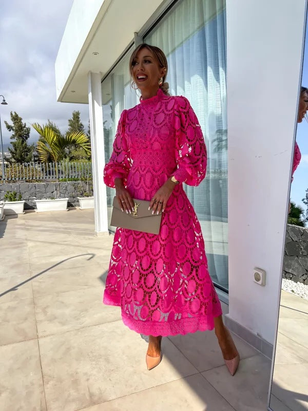 Robe Midi Femme avec Dentelle et Manches Bouffantes