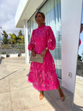 Robe Midi Femme avec Dentelle et Manches Bouffantes