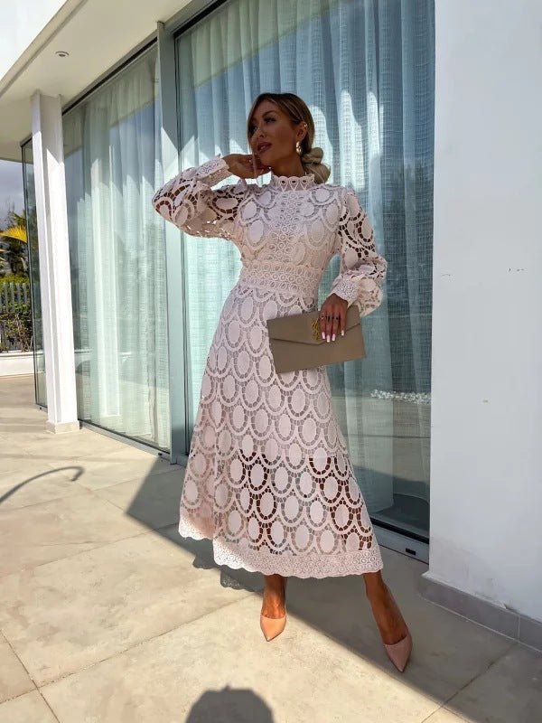 Robe Midi Femme avec Dentelle et Manches Bouffantes