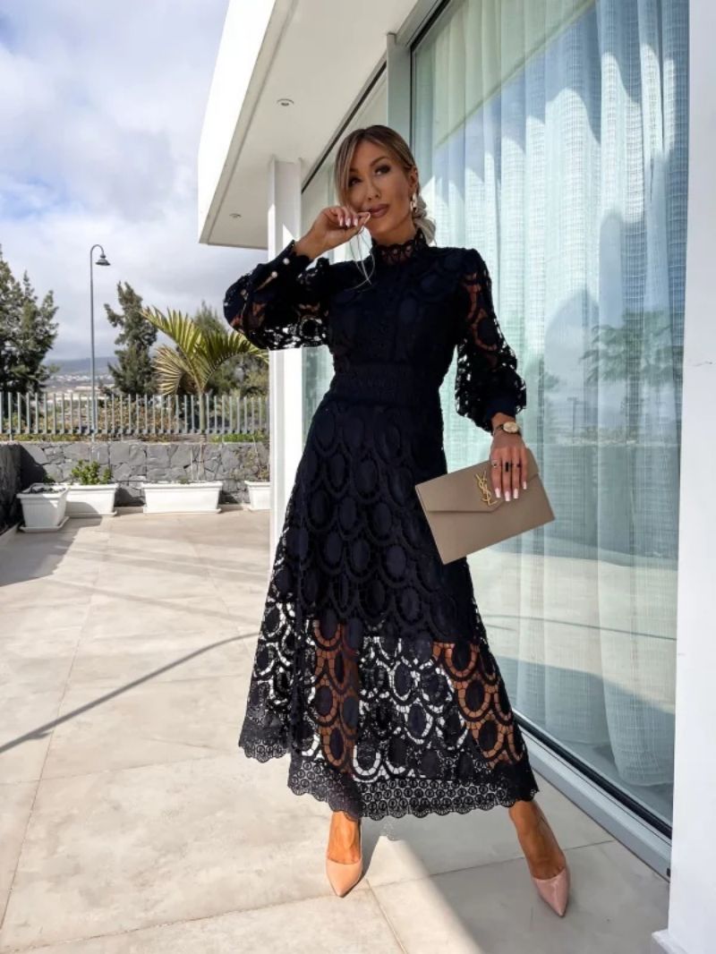 Robe Midi Femme avec Dentelle et Manches Bouffantes