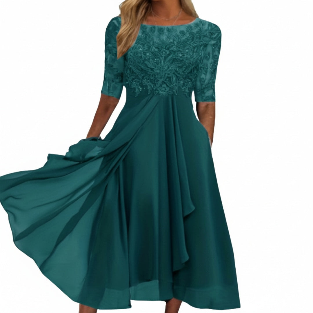 Robe Midi Femme avec Haut en Dentelle et Manches Mi-Longues pour Mariage et Fête