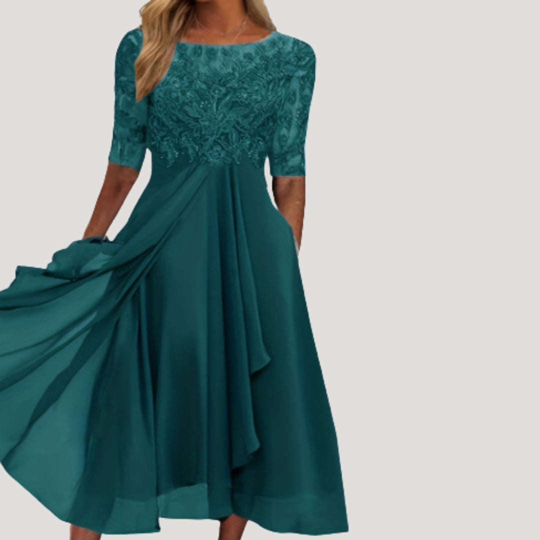 Robe Midi Femme avec Haut en Dentelle et Manches Mi-Longues pour Mariage et Fête