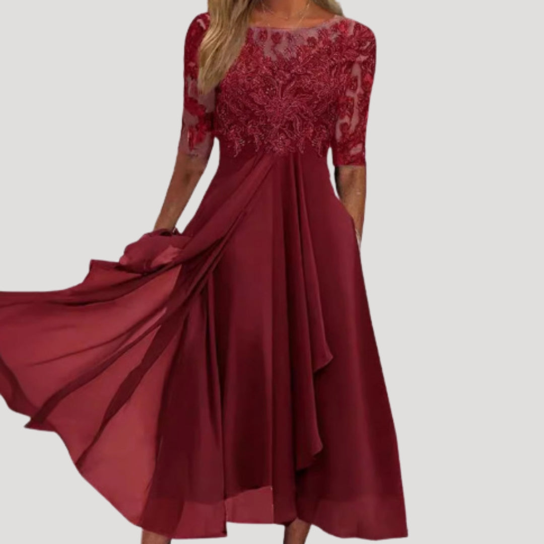 Robe Midi Femme avec Haut en Dentelle et Manches Mi-Longues pour Mariage et Fête