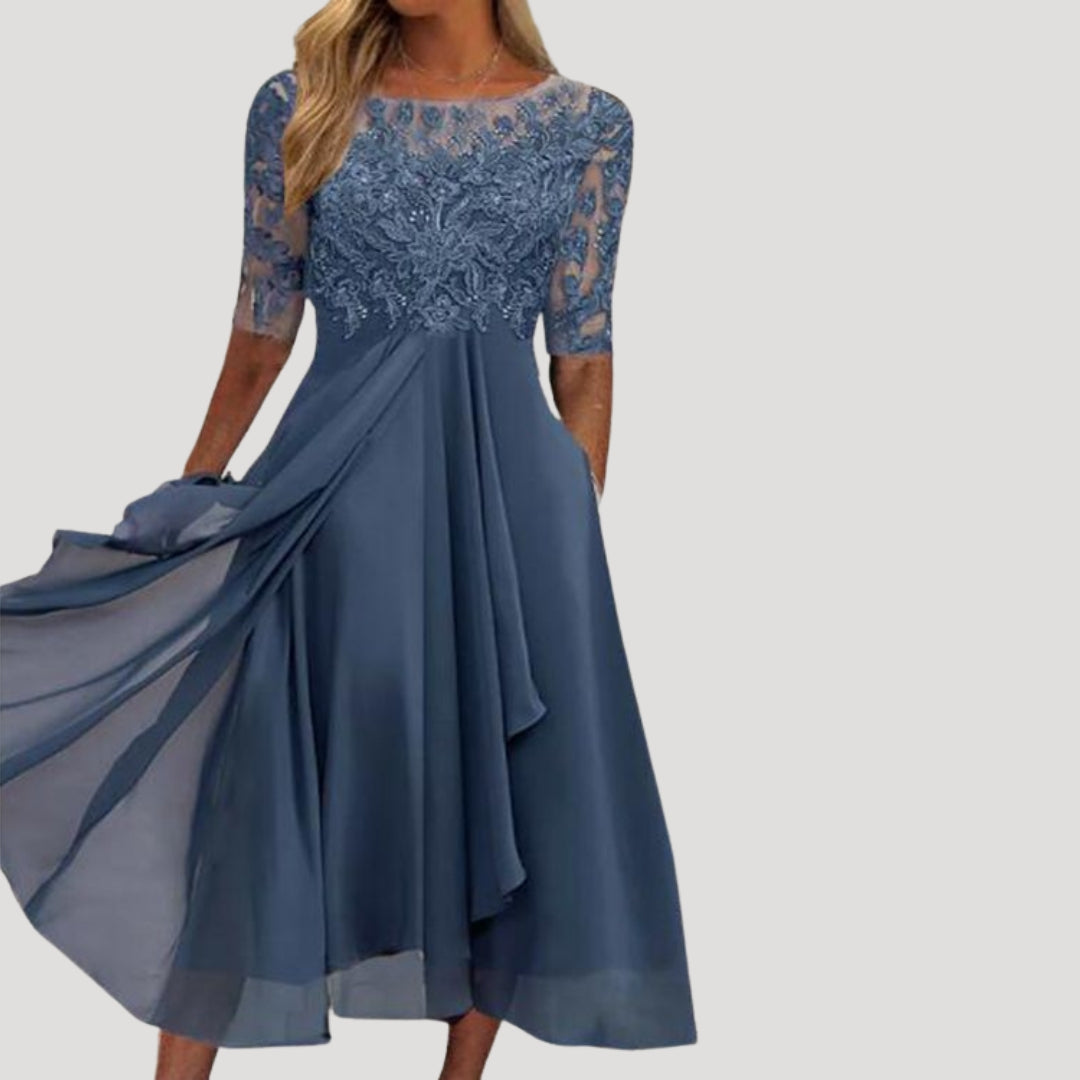 Robe Midi Femme avec Haut en Dentelle et Manches Mi-Longues pour Mariage et Fête
