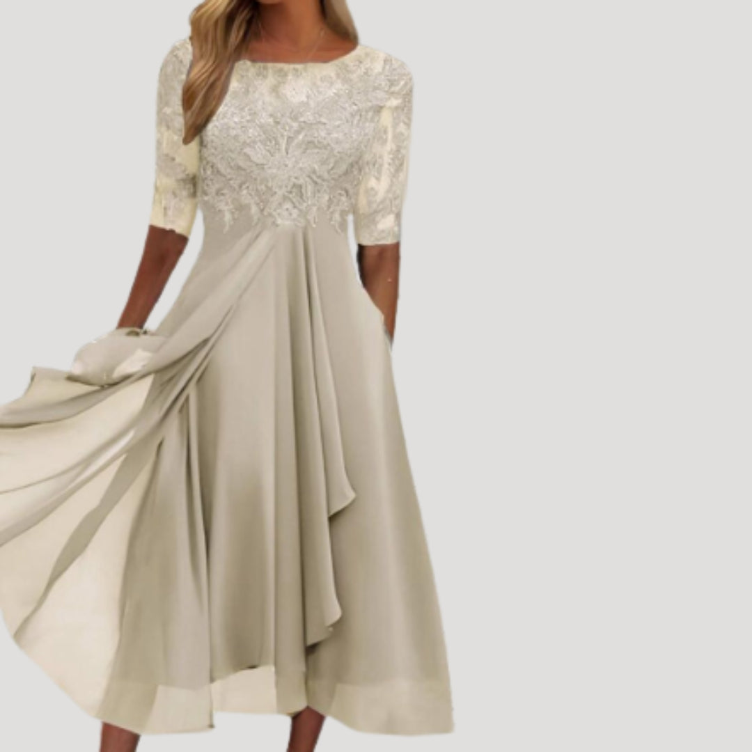 Robe Midi Femme avec Haut en Dentelle et Manches Mi-Longues pour Mariage et Fête