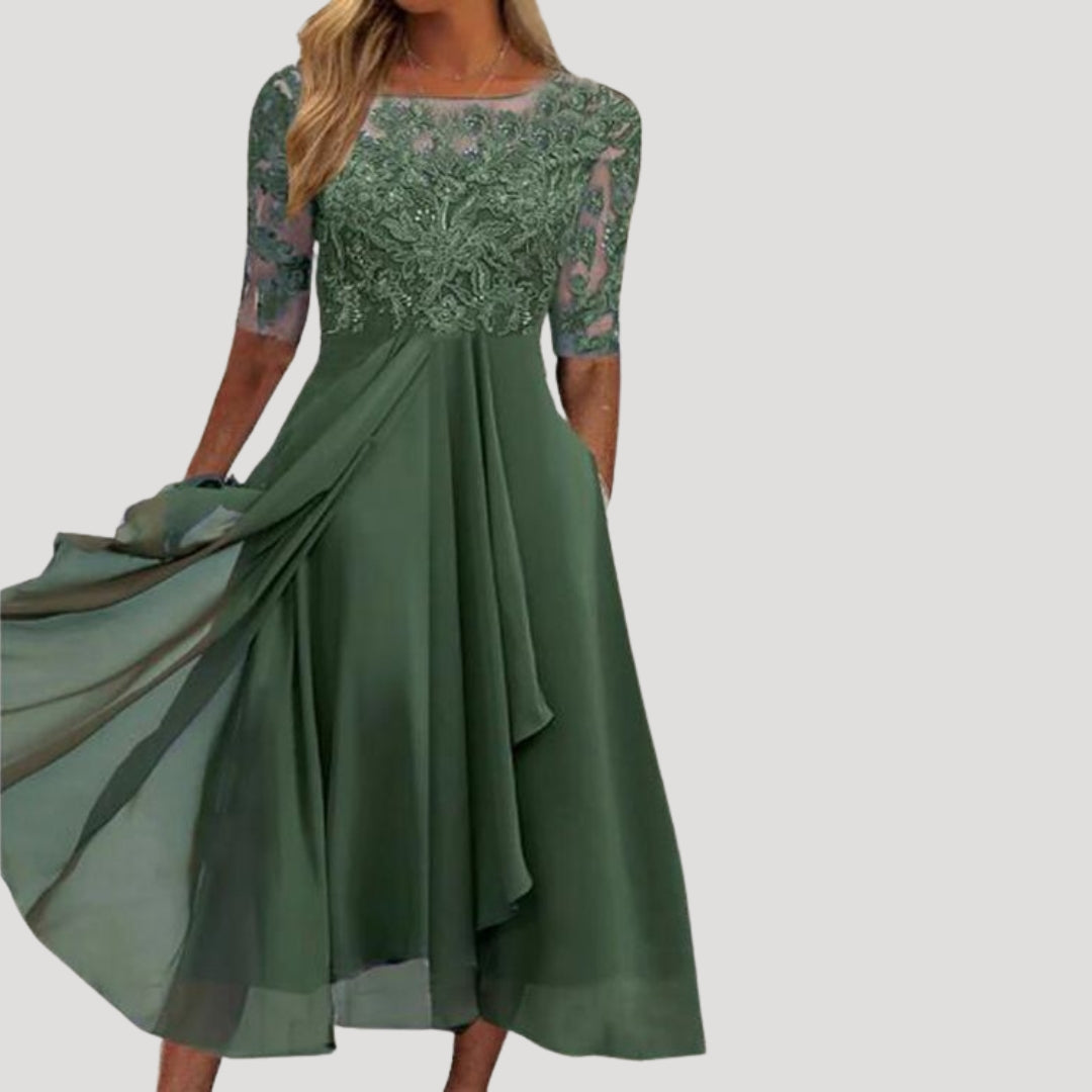 Robe Midi Femme avec Haut en Dentelle et Manches Mi-Longues pour Mariage et Fête