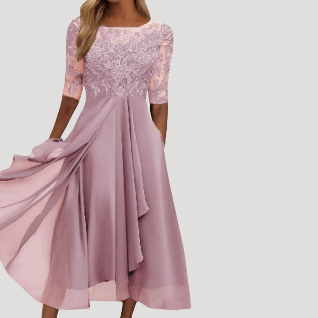 Robe Midi Femme avec Haut en Dentelle et Manches Mi-Longues pour Mariage et Fête