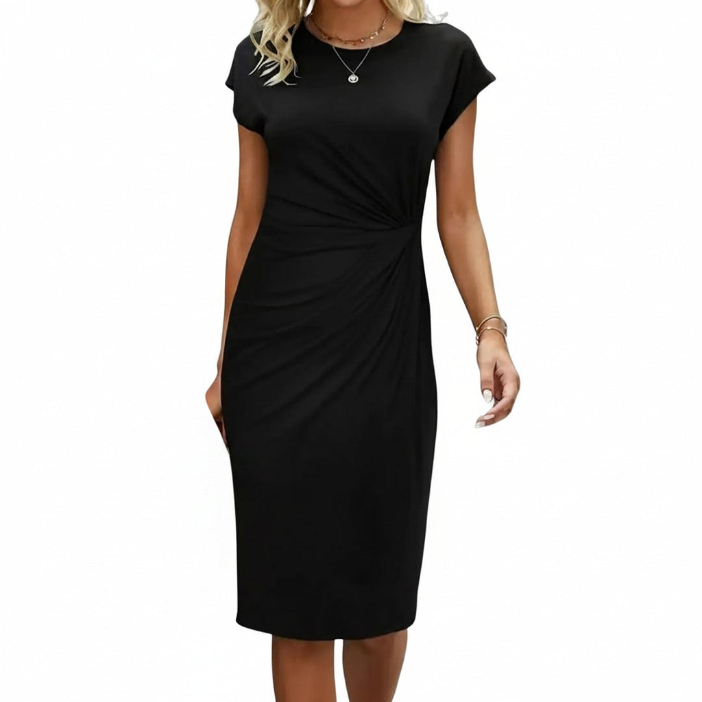 Robe Midi Femme à Manches Courtes, Col Ronde et Taille Drapée
