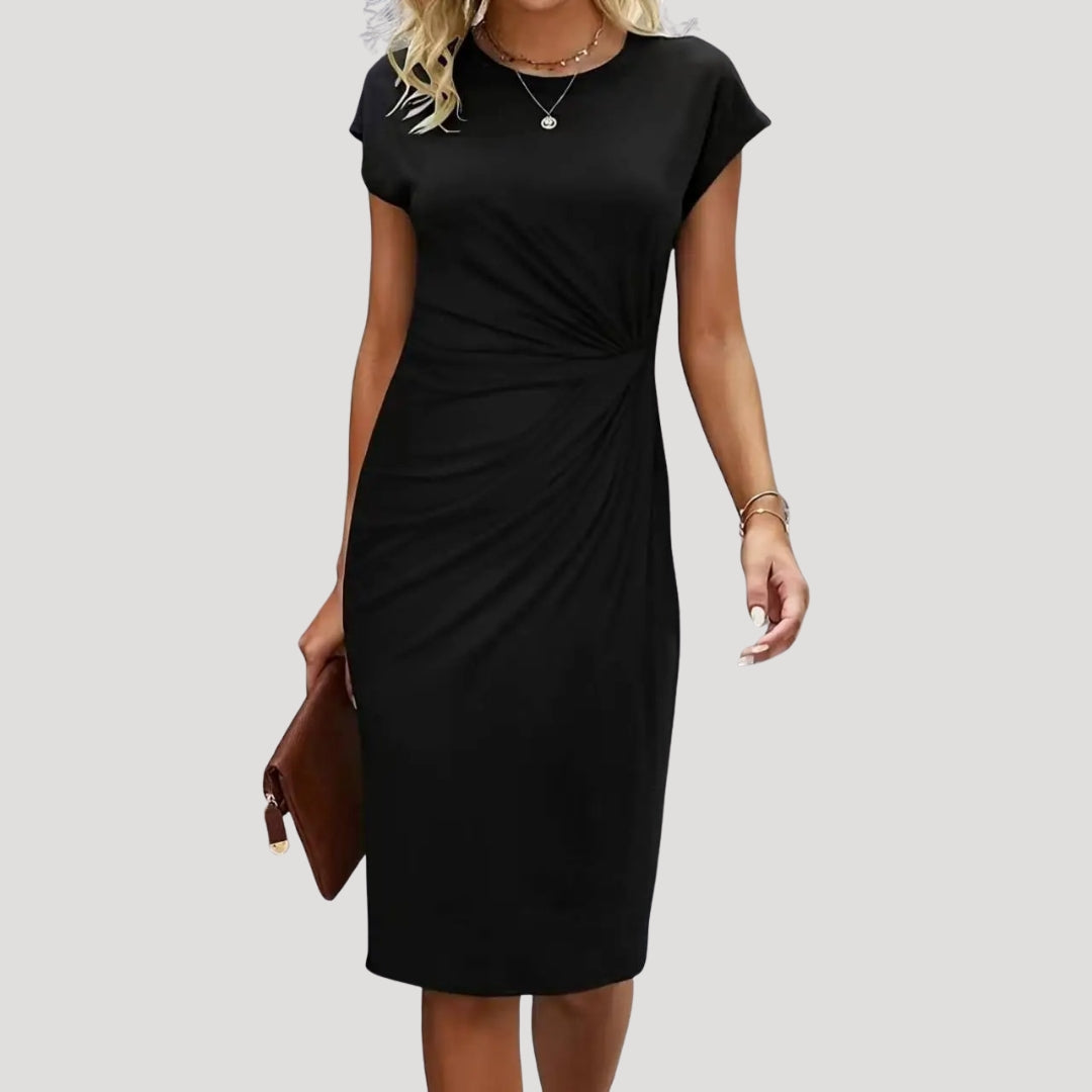 Robe Midi Femme à Manches Courtes, Col Ronde et Taille Drapée