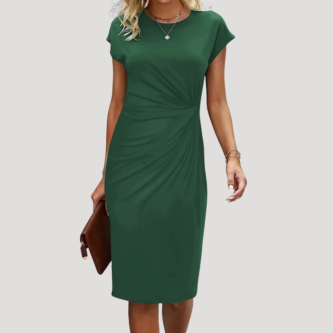 Robe Midi Femme à Manches Courtes, Col Ronde et Taille Drapée