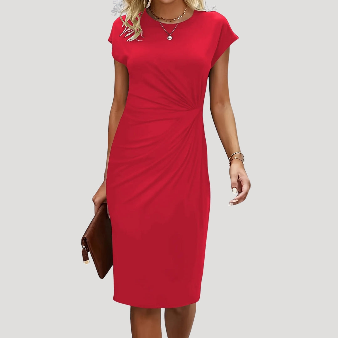 Robe Midi Femme à Manches Courtes, Col Ronde et Taille Drapée