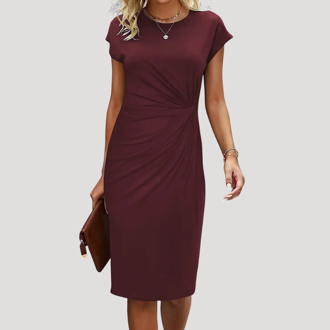 Robe Midi Femme à Manches Courtes, Col Ronde et Taille Drapée