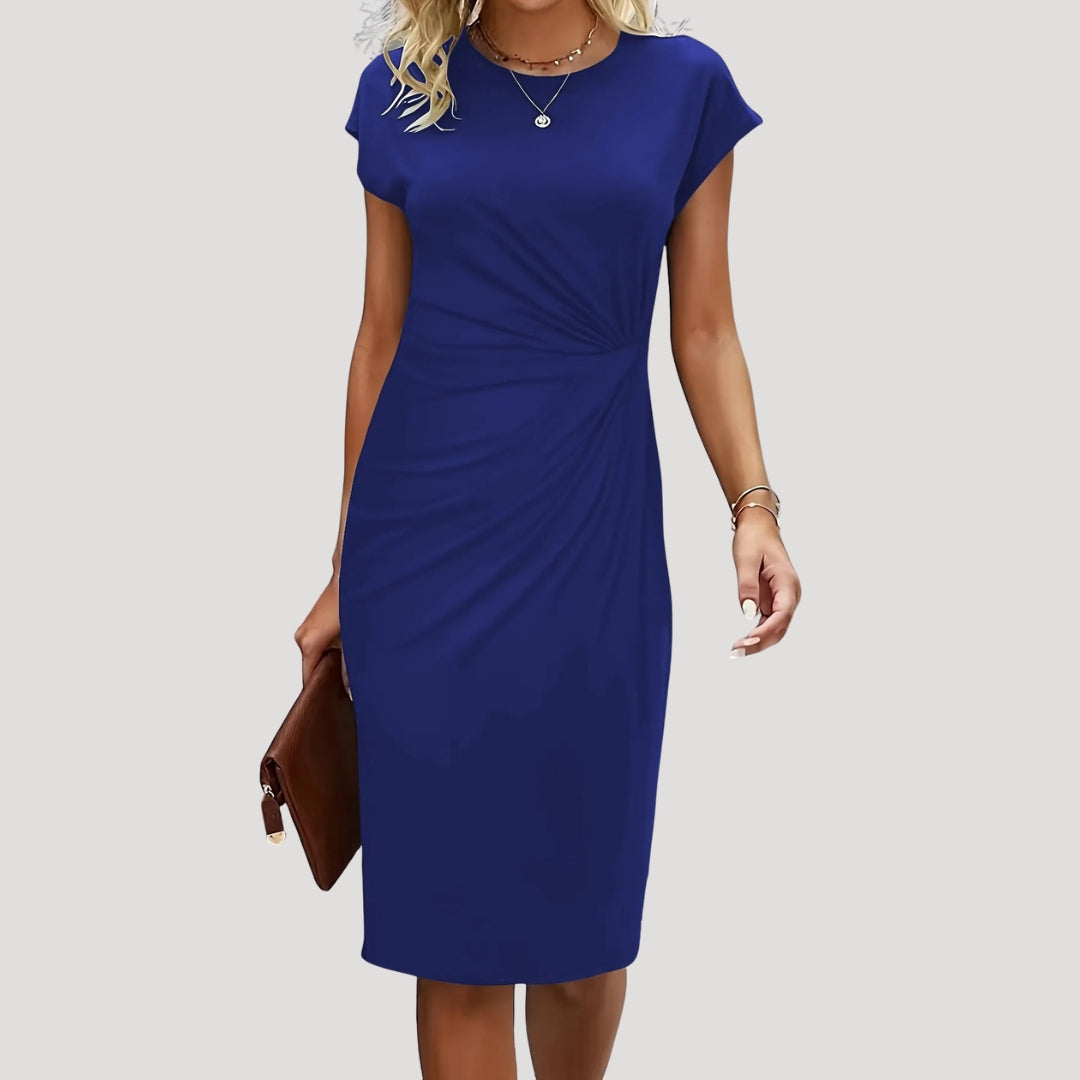 Robe Midi Femme à Manches Courtes, Col Ronde et Taille Drapée
