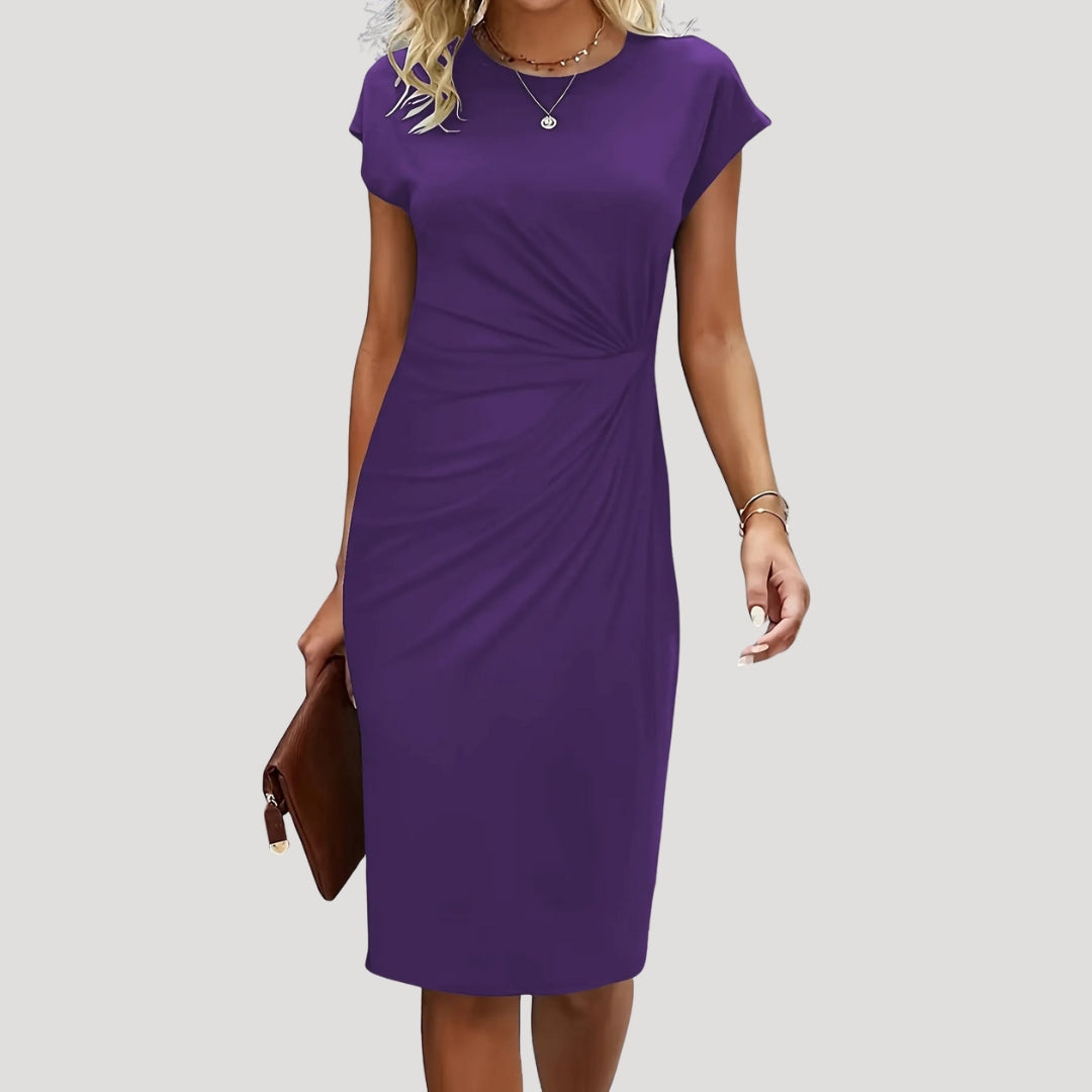 Robe Midi Femme à Manches Courtes, Col Ronde et Taille Drapée