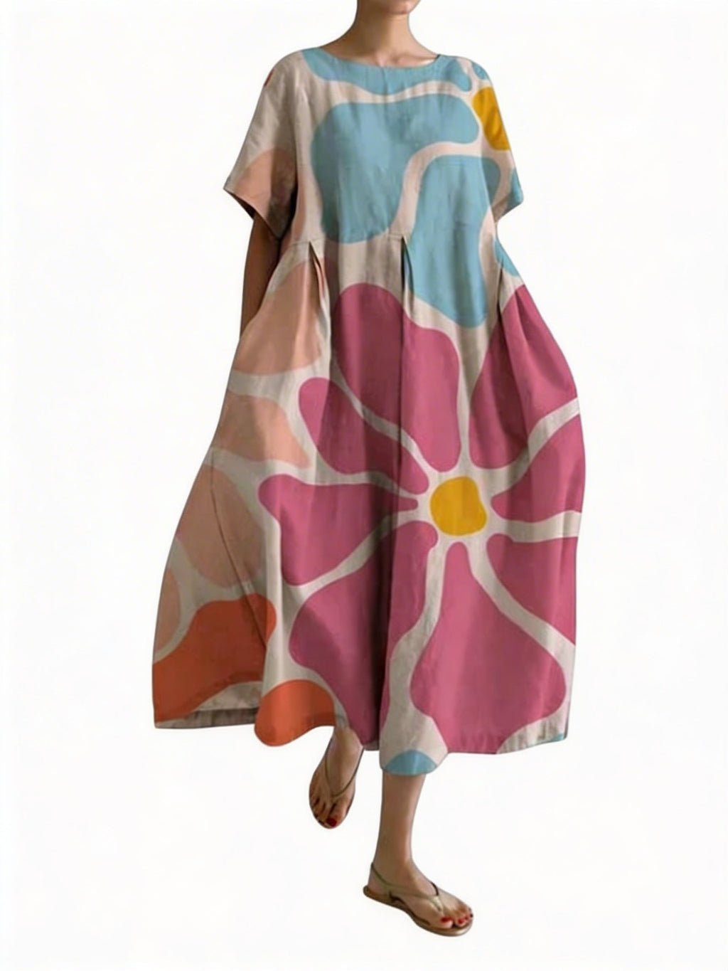Robe Midi à Manches Courtes et Col Ronde Oversized