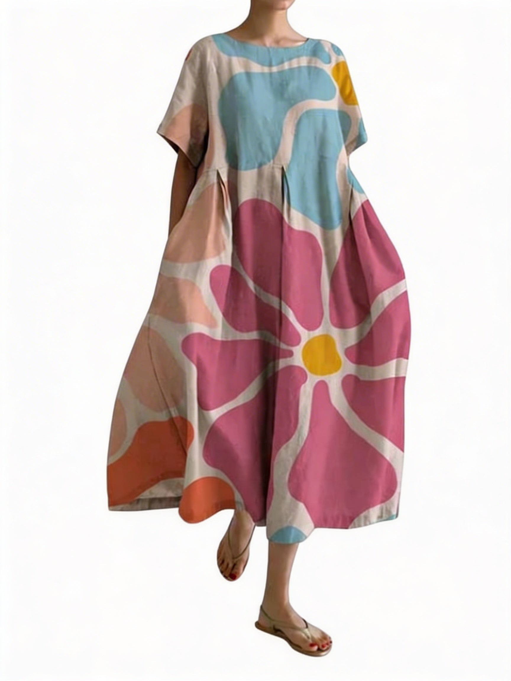 Robe Midi à Manches Courtes et Col Ronde Oversized