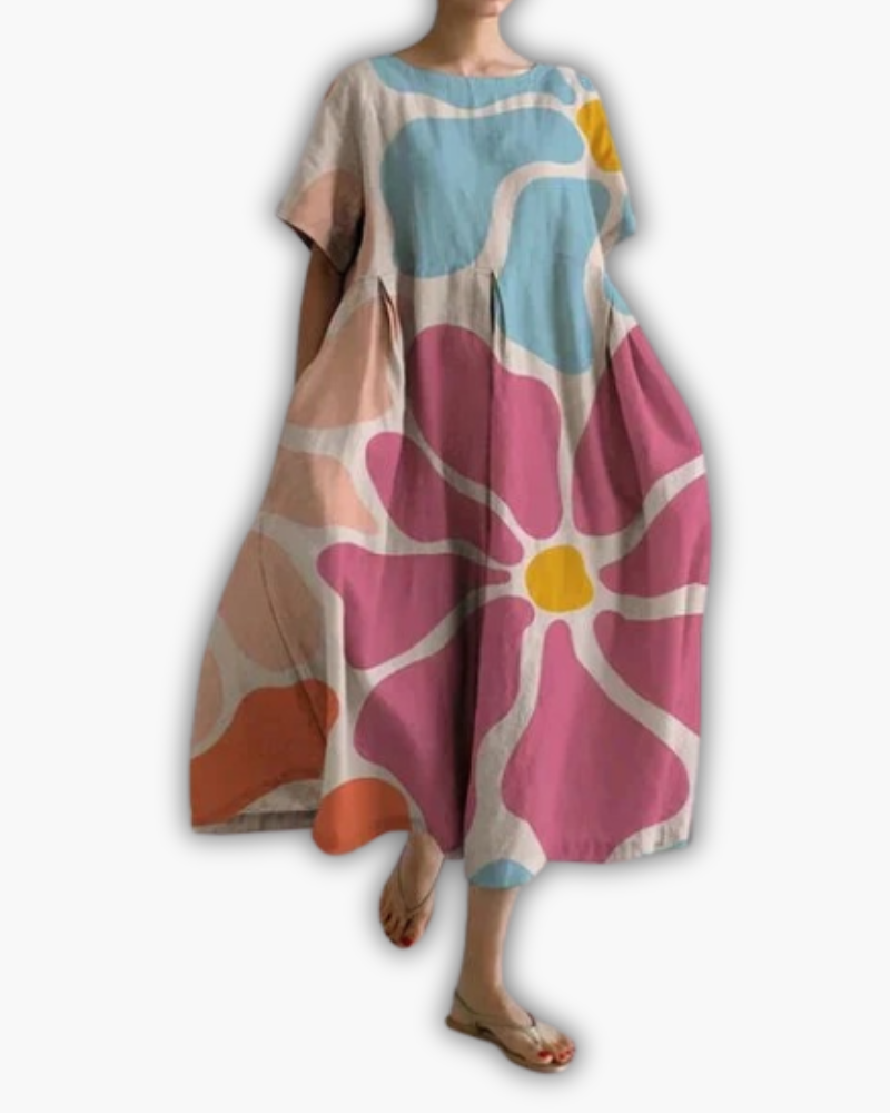 Robe Midi à Manches Courtes et Col Ronde Oversized
