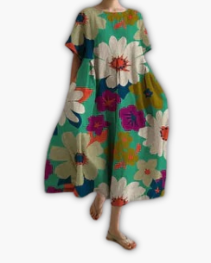 Robe Midi à Manches Courtes et Col Ronde Oversized