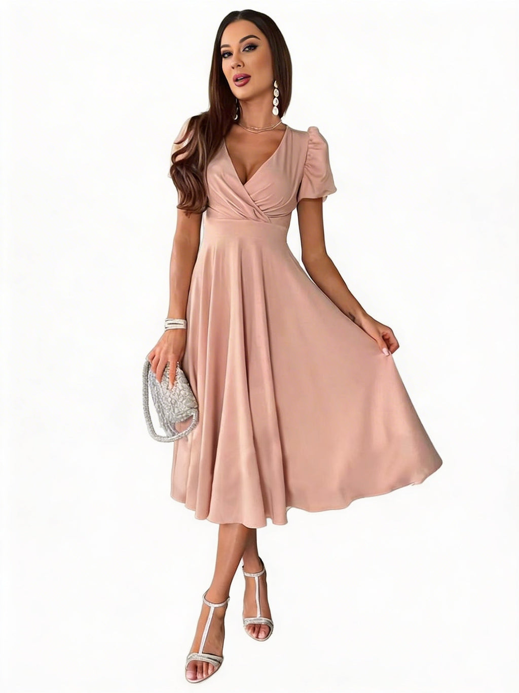 Robe Midi Femme avec Manches Bouffantes et Jupe Évasée