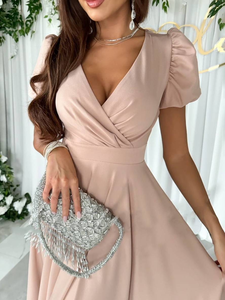 Robe Midi Femme avec Manches Bouffantes et Jupe Évasée
