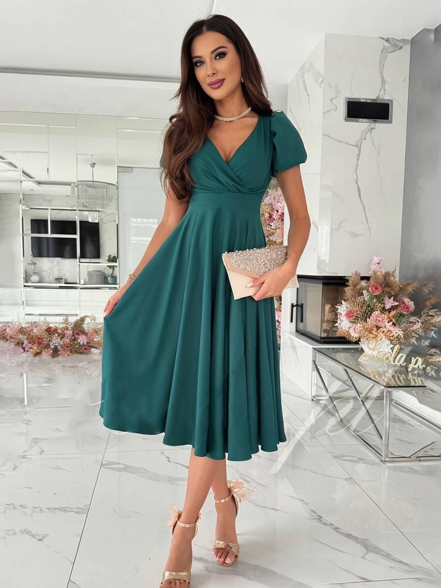 Robe Midi Femme avec Manches Bouffantes et Jupe Évasée