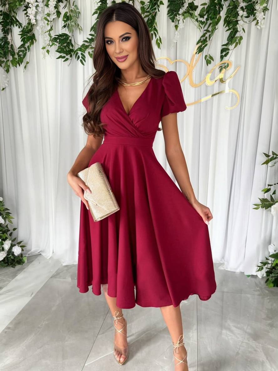Robe Midi Femme avec Manches Bouffantes et Jupe Évasée