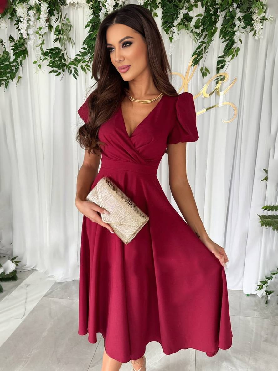 Robe Midi Femme avec Manches Bouffantes et Jupe Évasée