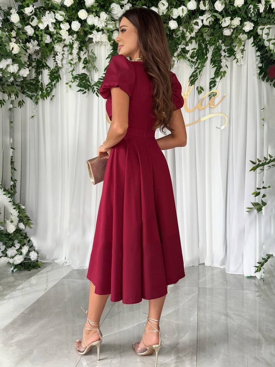 Robe Midi Femme avec Manches Bouffantes et Jupe Évasée