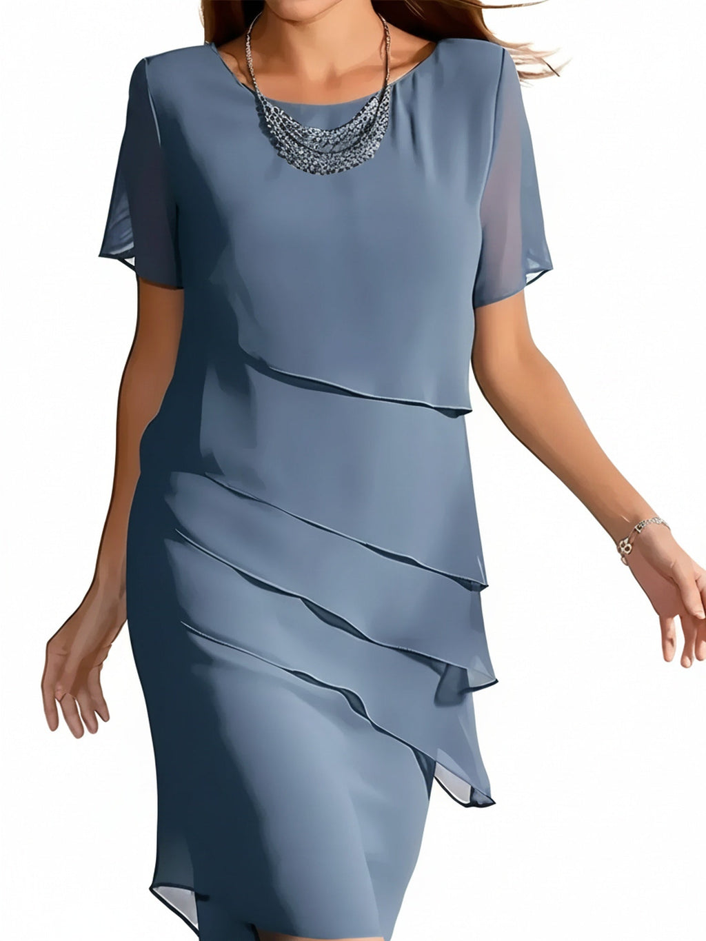 Robe Midi Femme avec Col Rond, Manches Courtes et Détails Superposés
