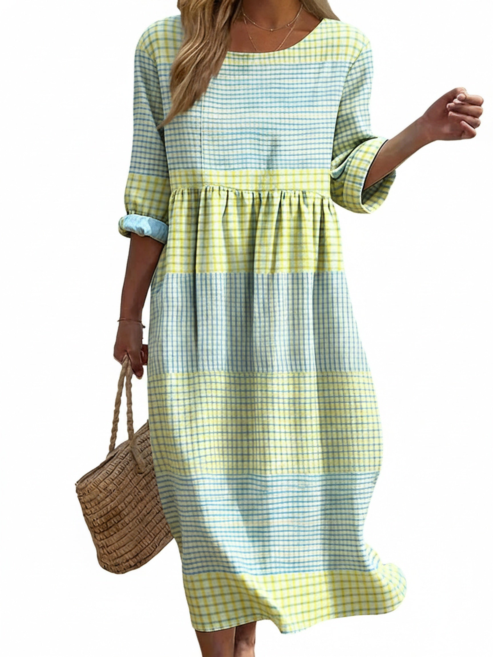 Robe Midi Femme à Imprimé Carreaux, Col Rond et Manches Trois Quarts