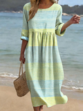 Robe Midi Femme à Imprimé Carreaux, Col Rond et Manches Trois Quarts