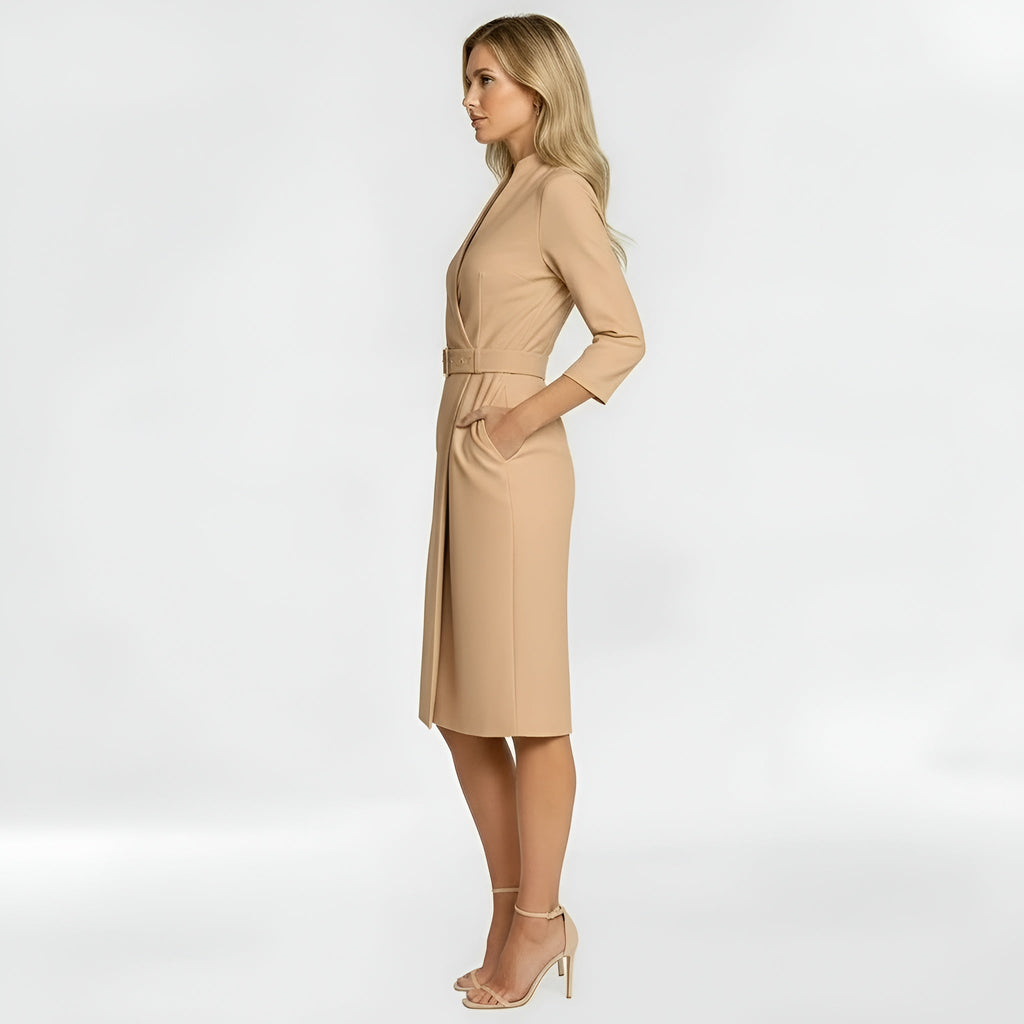 Robe Midi Femme avec Décolleté en V, Manches 3/4 et Ceinture – Coupe Slim