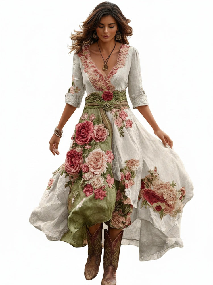 Robe Midi Femme avec Décolleté en V Imprimé Floral et Ourlet Asymétrique