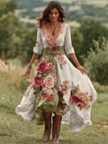 Robe Midi Femme avec Décolleté en V Imprimé Floral et Ourlet Asymétrique