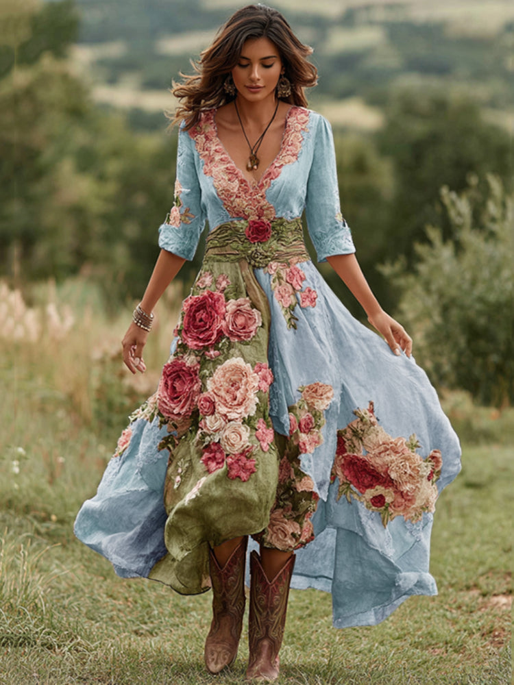 Robe Midi Femme avec Décolleté en V Imprimé Floral et Ourlet Asymétrique