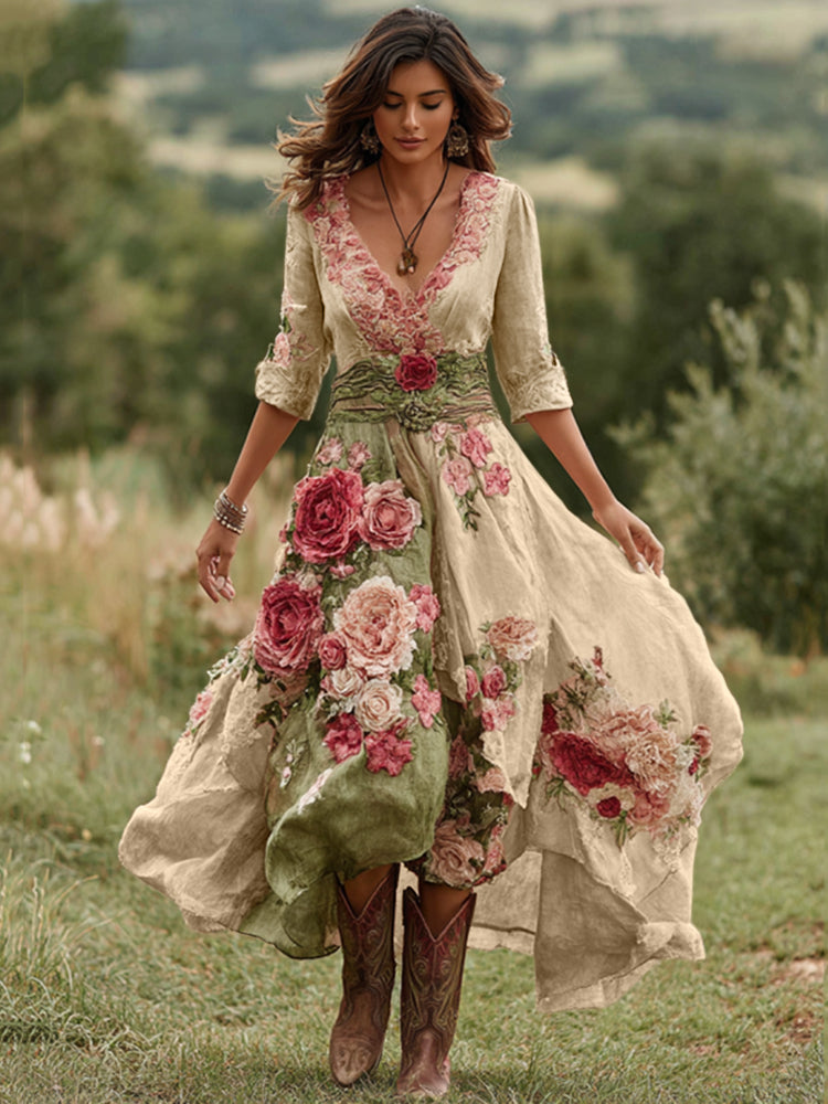 Robe Midi Femme avec Décolleté en V Imprimé Floral et Ourlet Asymétrique