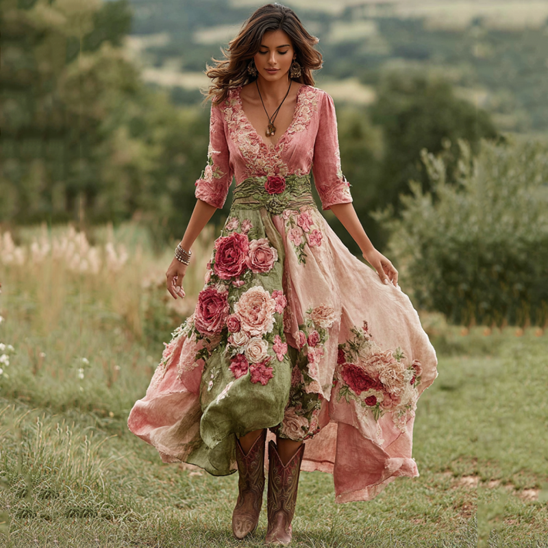 Robe Midi Femme avec Décolleté en V Imprimé Floral et Ourlet Asymétrique