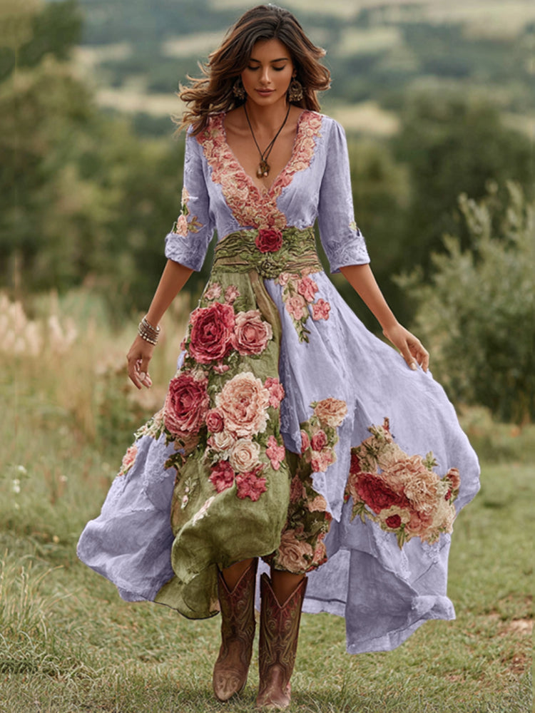 Robe Midi Femme avec Décolleté en V Imprimé Floral et Ourlet Asymétrique