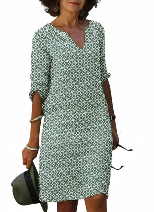 Robe Midi Femme avec Décolleté en V et Manches Trois Quarts Imprimé Géométrique